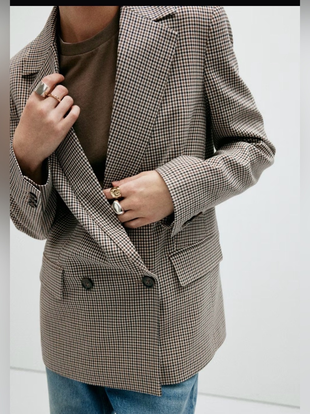 MANGO Brown Beige Houndstooth Double-Breasted BlazerJacket Size L
